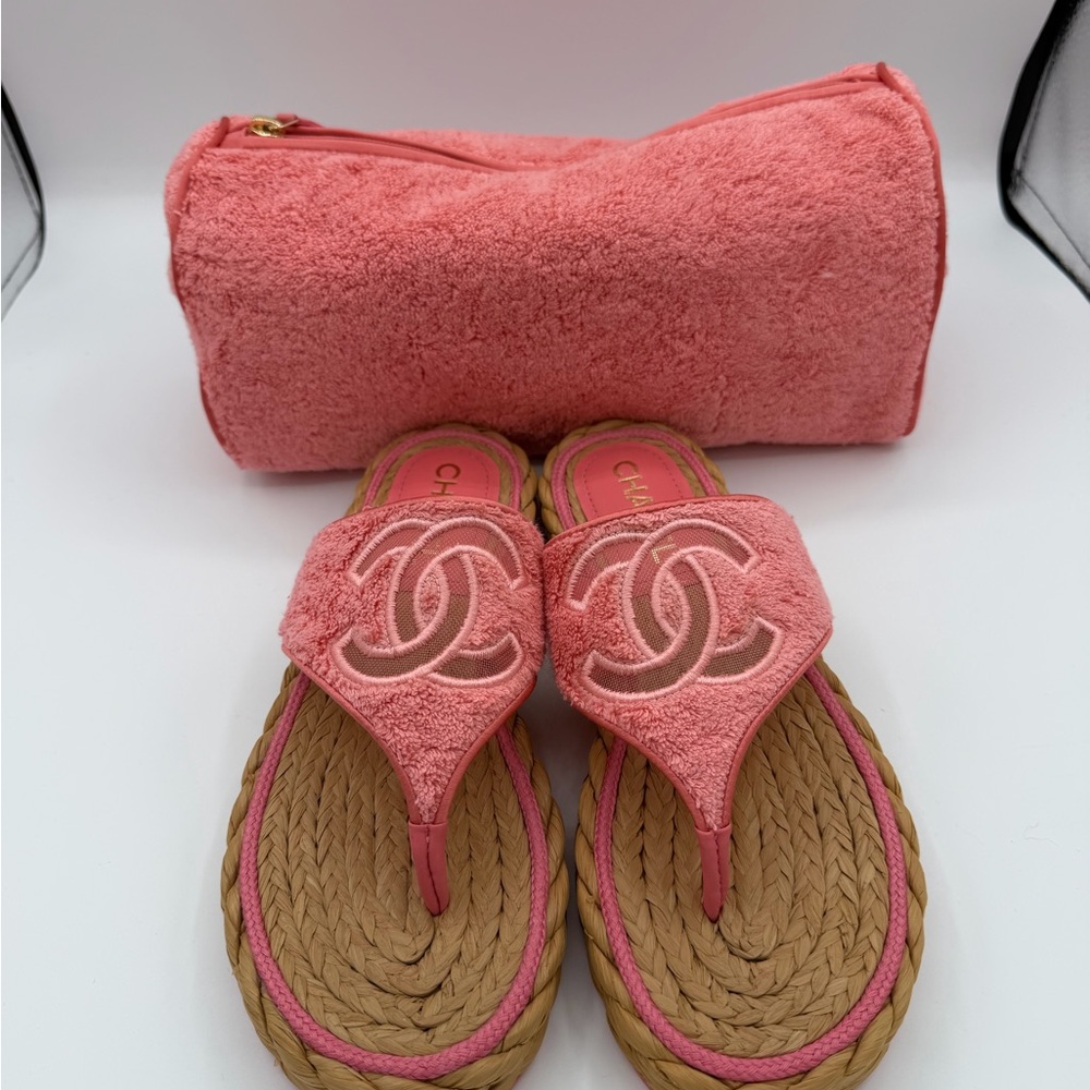 Chanel Pink Terry CC Logo Espadrille Sandals Thong Slides Size 38 NWT